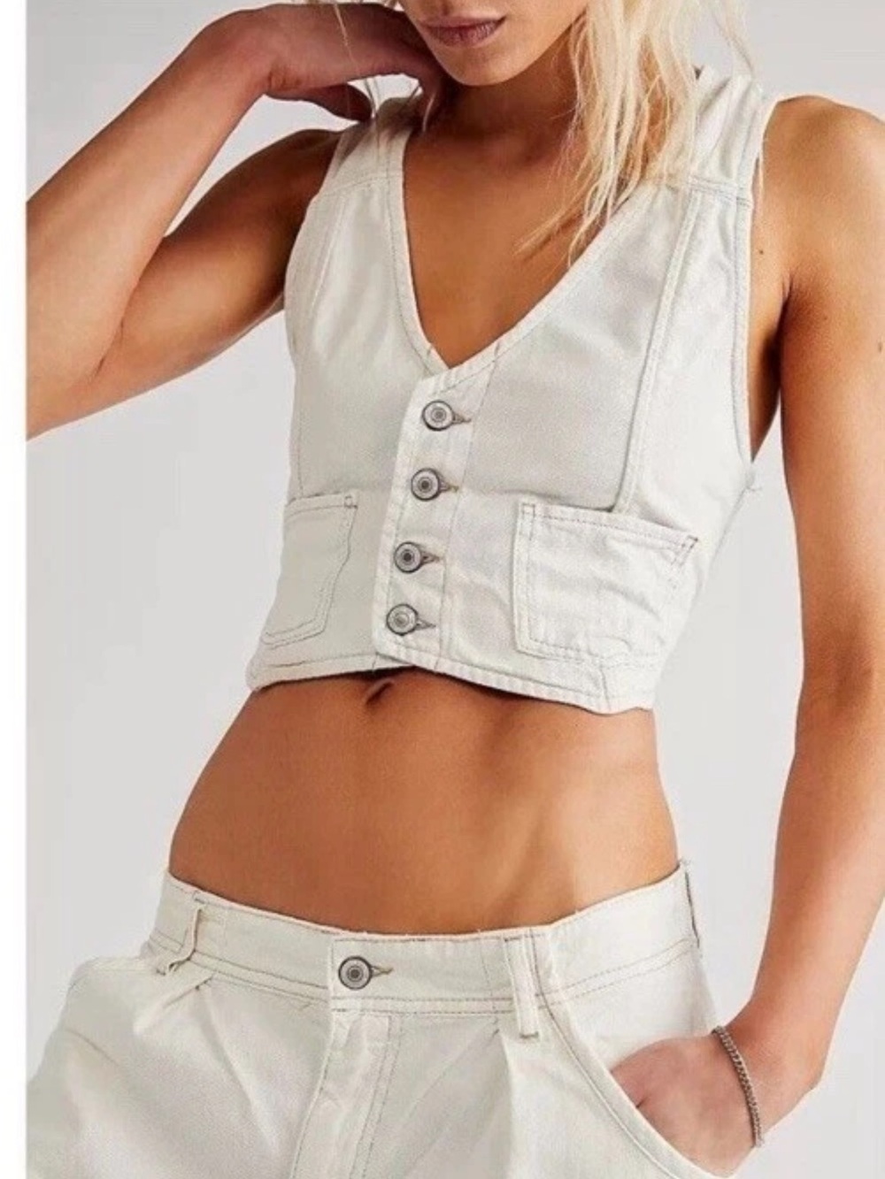 Free People Rider Denim Vest - Cropped Button Front, Ivory, Boho Western size XS